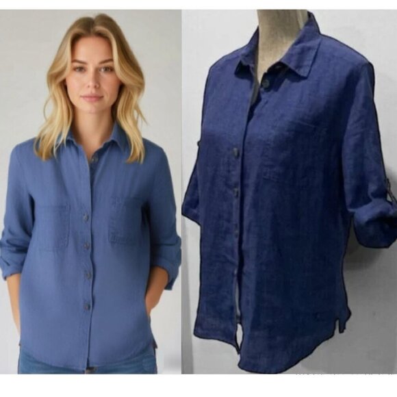 Olsen Blue Linen button-down shirt Size SMALL/Medium - Picture 1 of 16